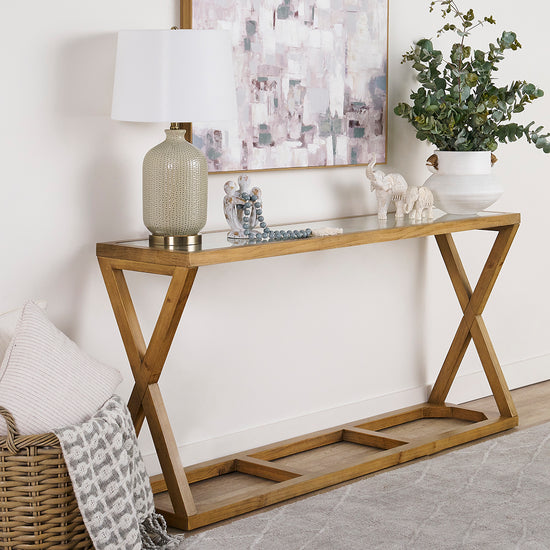 Freedom Wooden Glass Top Console Table With Cross Base