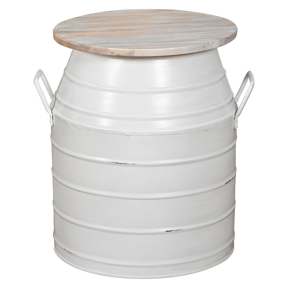 Mini Can Table Milk Can Side Table Storage with White Metal Base | 1825 Interiors
