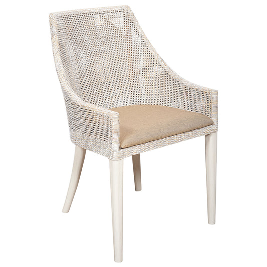 Meeka Grey Wash Rattan Dining Chair With Beige Seat Cushion