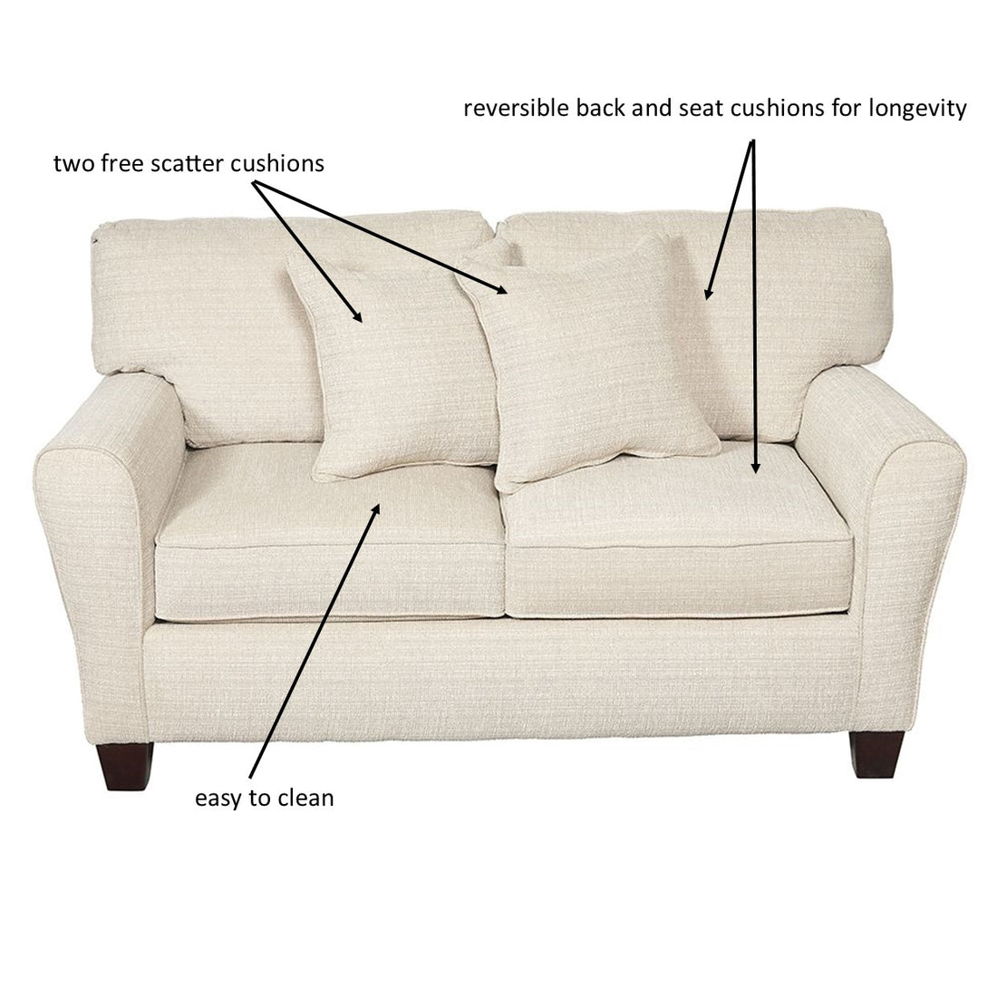 Dynasty Cream 2 Seater Sofa With Two Scatter Cushions