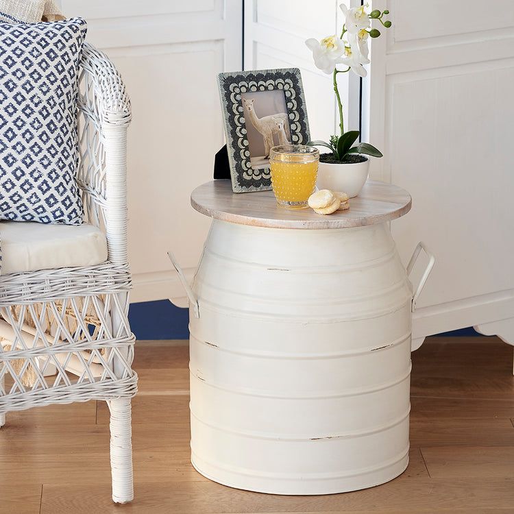 Mini Can Table Milk Can Side Table Storage with White Metal Base | 1825 Interiors